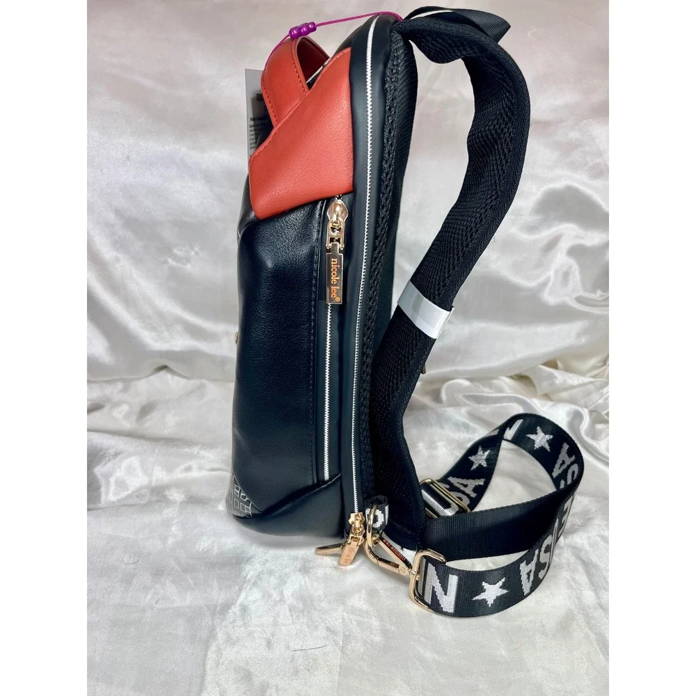 Nicole Lee Career Woman Sling Backpack Black Red Graphic USB Port